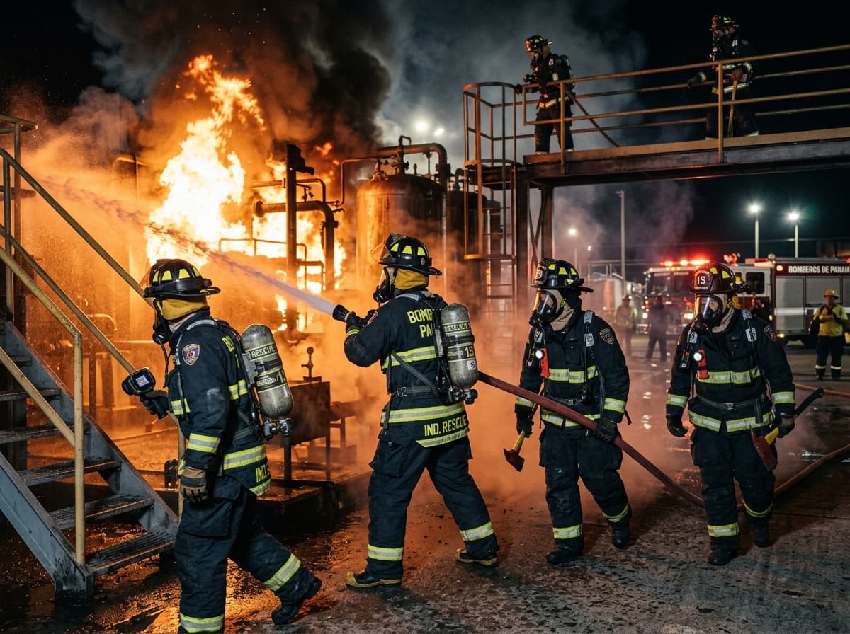 Brigada industrial en simulacro de combate contra incendios con fuego vivo