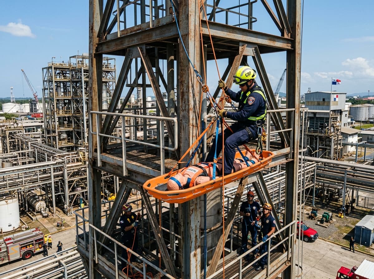 Técnico en rescate con cuerdas descendiendo camilla de canasta Stokes en estructura industrial